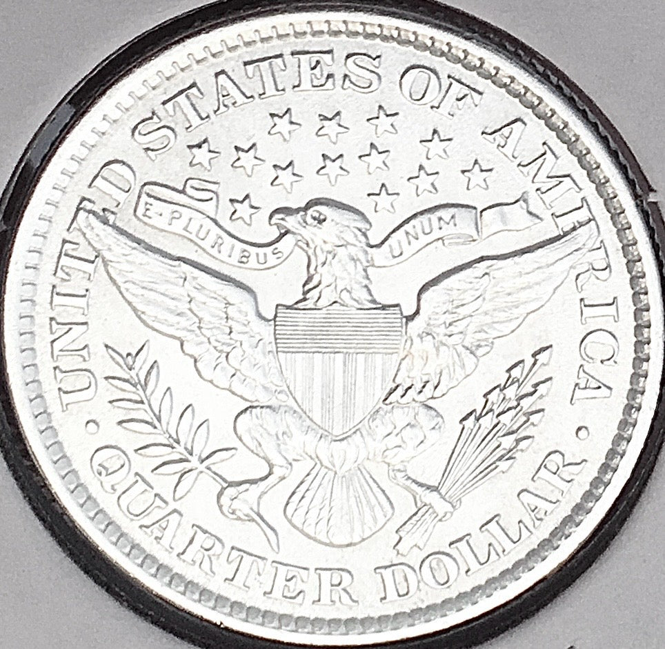 1897-P  GEM BU+++  BRILLIANT UNCIRCULATED!  U.S. BARBER QUARTER.  WOW!