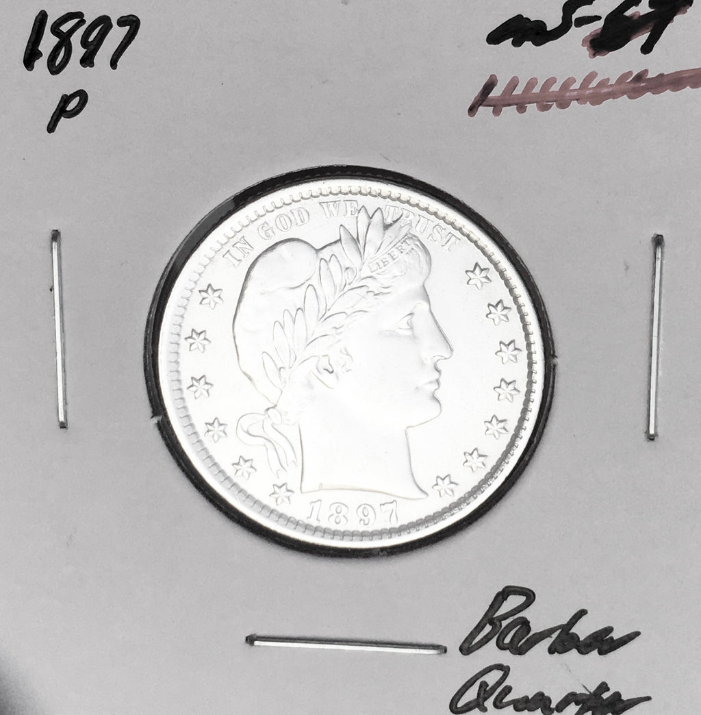 1897-P  GEM BU+++  BRILLIANT UNCIRCULATED!  U.S. BARBER QUARTER.  WOW!