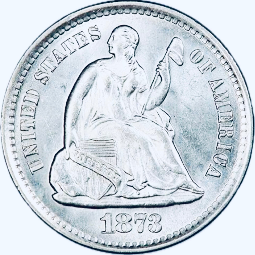 BRILLIANT UNCIRCULATED SEATED LIBERTY SILVER HALF DIME.
