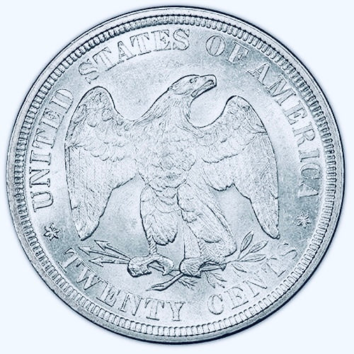 BRILLIANT UNCIRCULATED SEATED LIBERTY SILVER TWENTY-CENT PIECE.