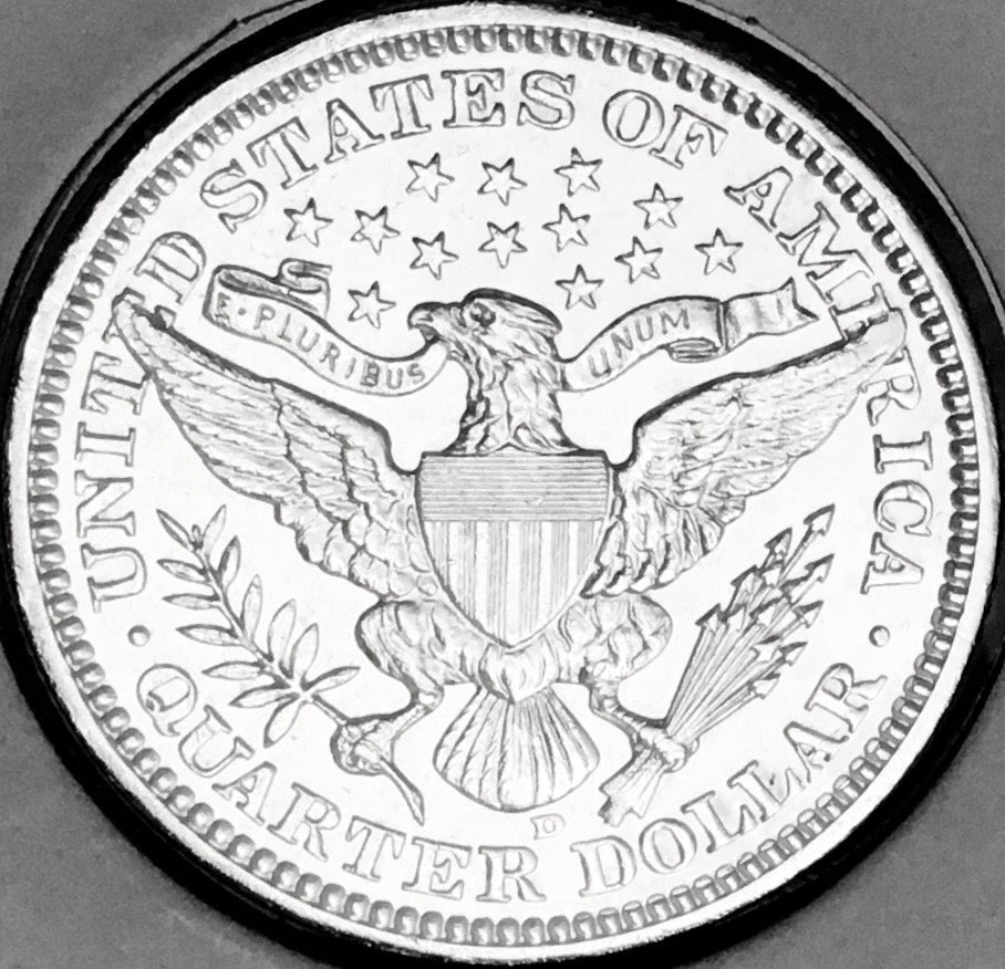 1909-D PROOF-LIKE!  GEM BU+++!  BRILLIANT UNCIRCULATED MONSTER! U.S. BARBER QUARTER.  WOW!
