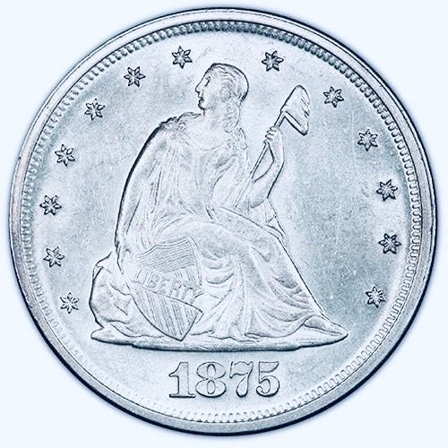 BRILLIANT UNCIRCULATED SEATED LIBERTY SILVER TWENTY-CENT PIECE.