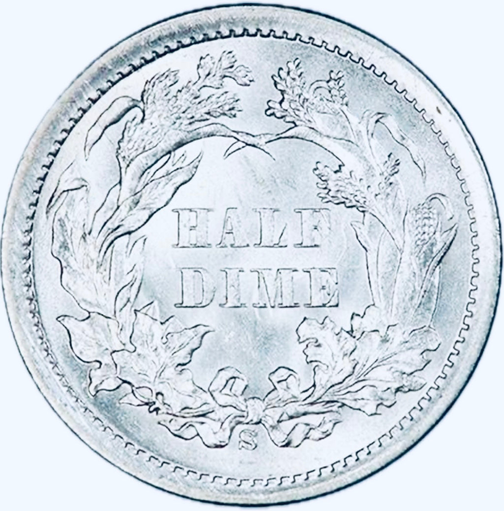 BRILLIANT UNCIRCULATED SEATED LIBERTY SILVER HALF DIME.