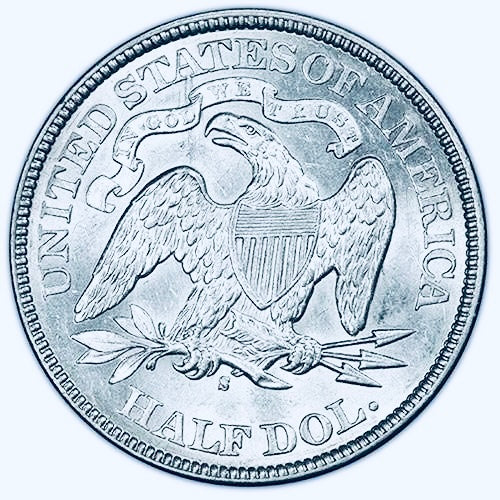 BRILLIANT UNCIRCULATED SEATED LIBERTY SILVER HALF DOLLAR.