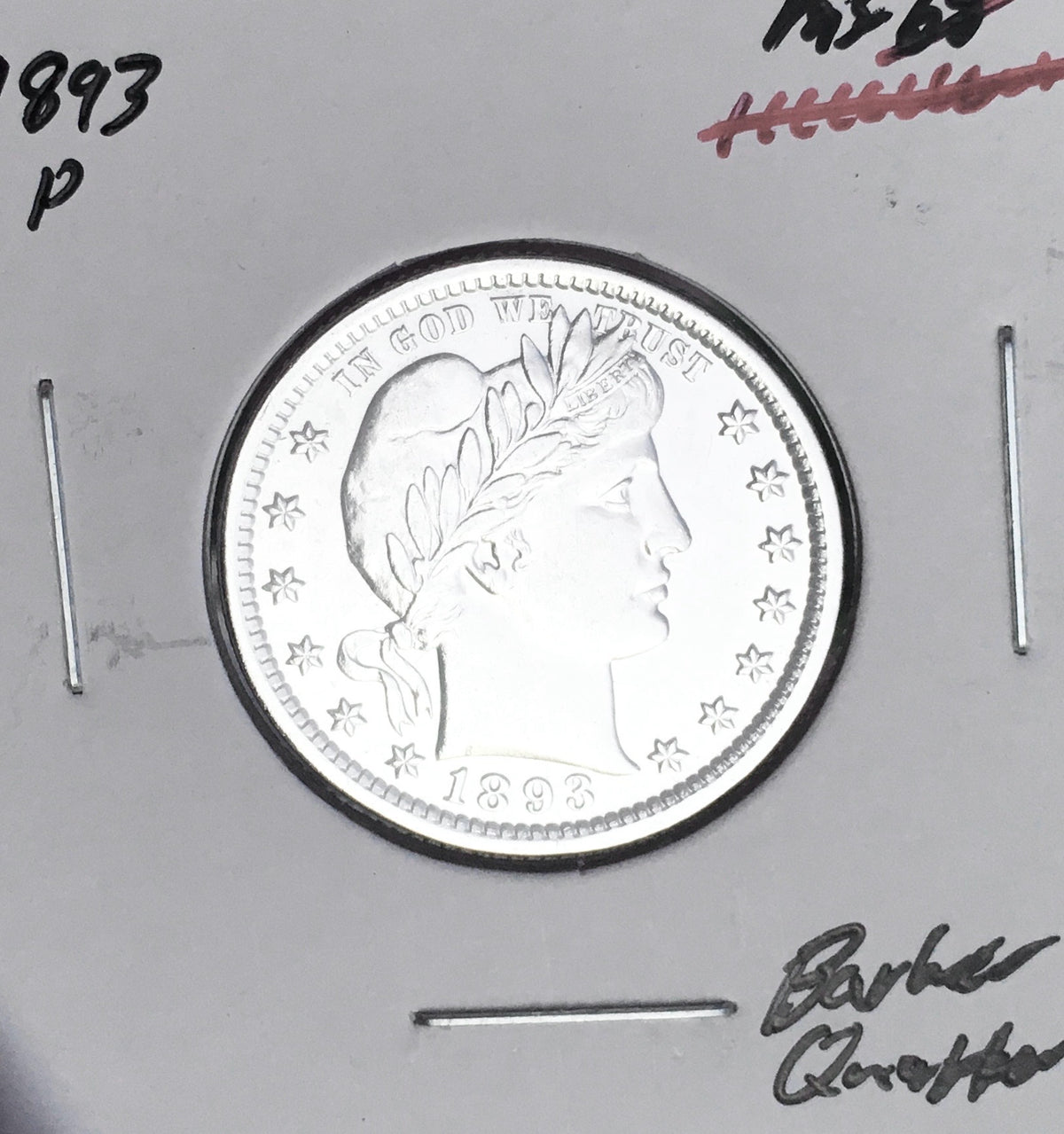 1893-P  GEM BU+++  BRILLIANT UNCIRCULATED!  U.S. BARBER QUARTER.  WOW!