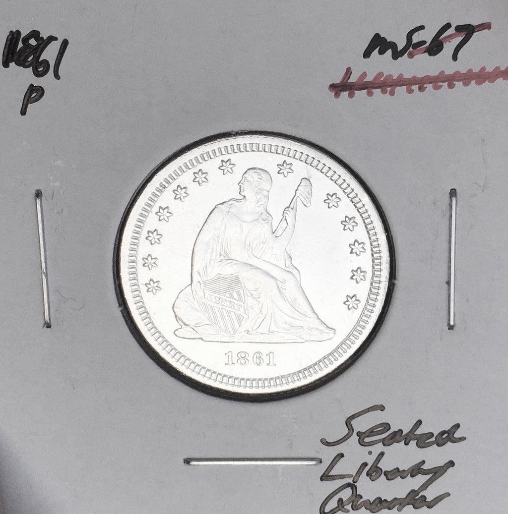 1861-P  GEM BU+++  BRILLIANT UNCIRCULATED!  U.S. SEATED LIBERTY QUARTER. WOW!